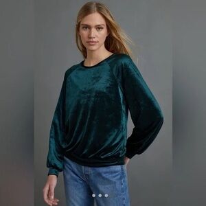 Anthropologie Maeve Candace Deep Green Velvet Long Sleeve Top Size Medium